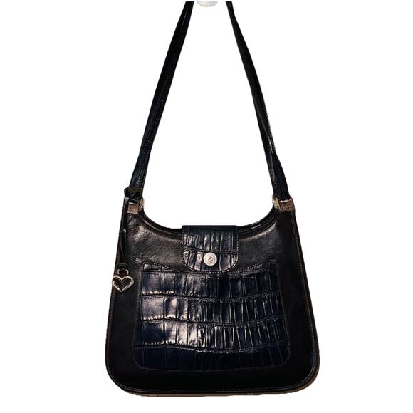 BRIGHTON Black Crocodile Embossed Front Flap Leather Shoulder Bag Heart Charm - Picture 1 of 6